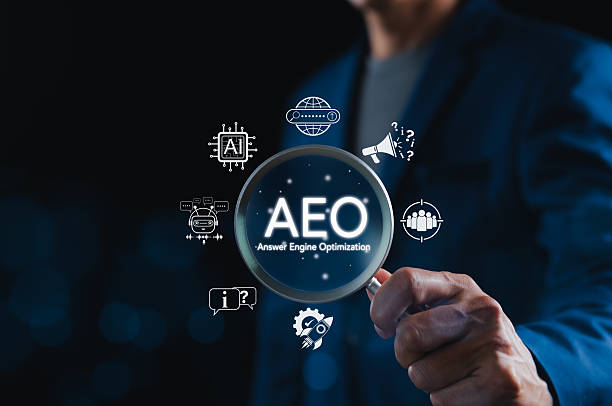 Answer Engine Optimization (AEO) concept with search and AI icons
